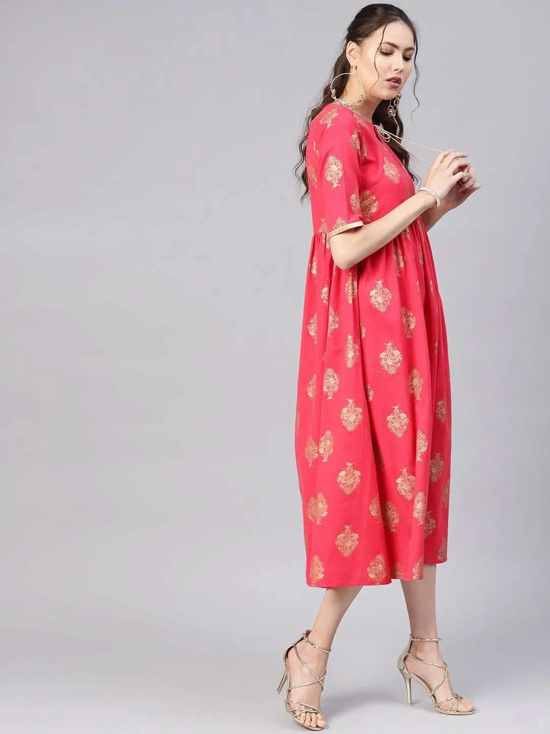 Pink Printed Cotton Dress - Libas