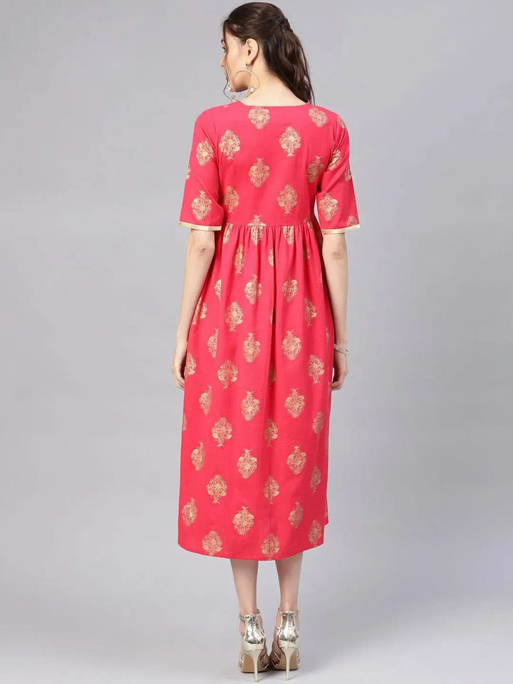 Pink Printed Cotton Dress - Libas
