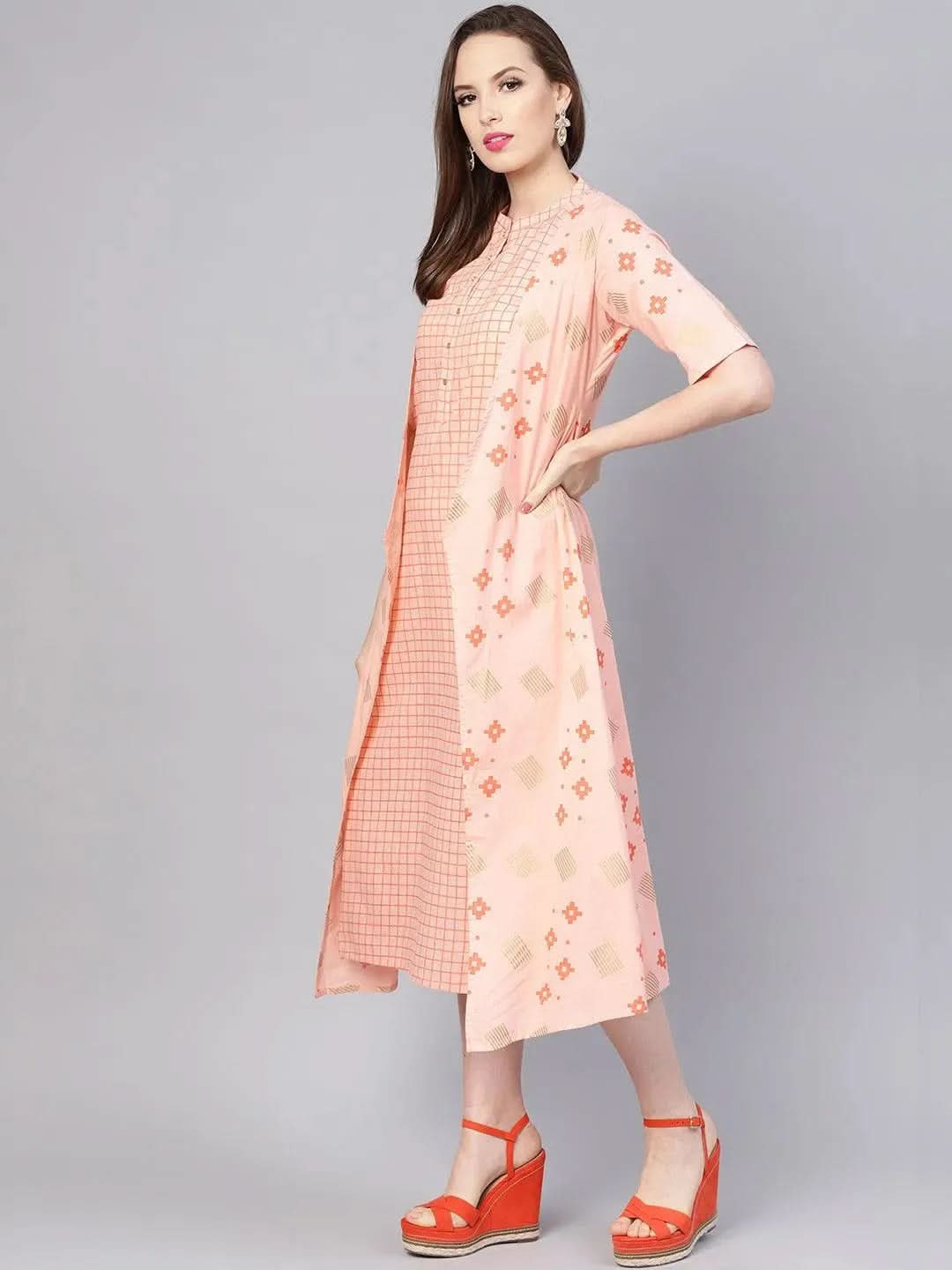 Pink Printed Cotton Dress With Jacket - Libas