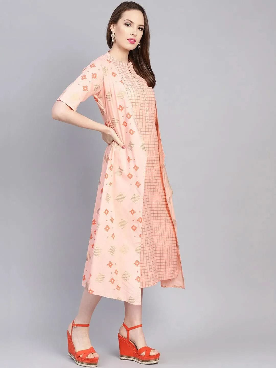 Pink Printed Cotton Dress With Jacket - Libas