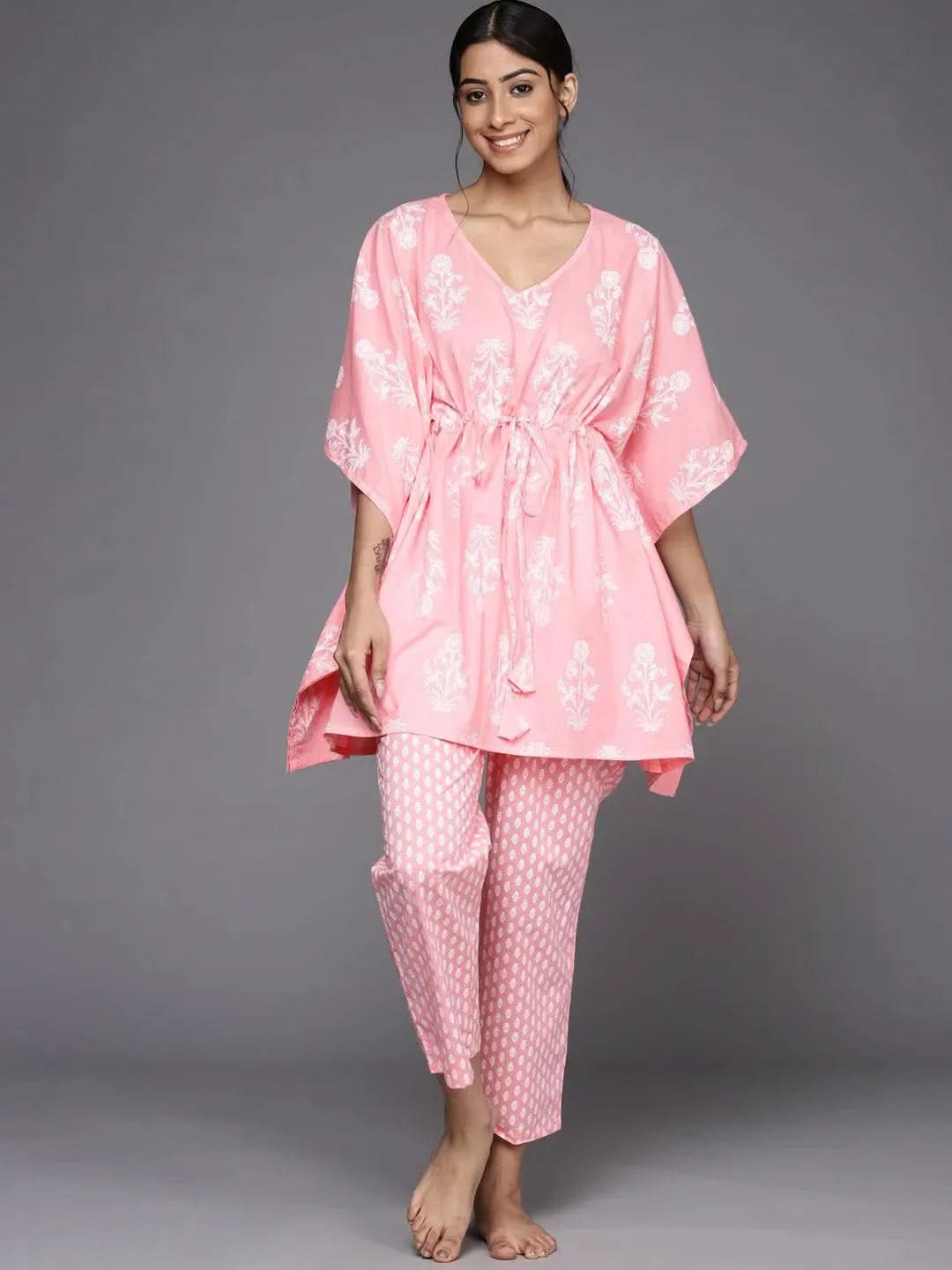 Pink Printed Cotton Night Suit - Libas