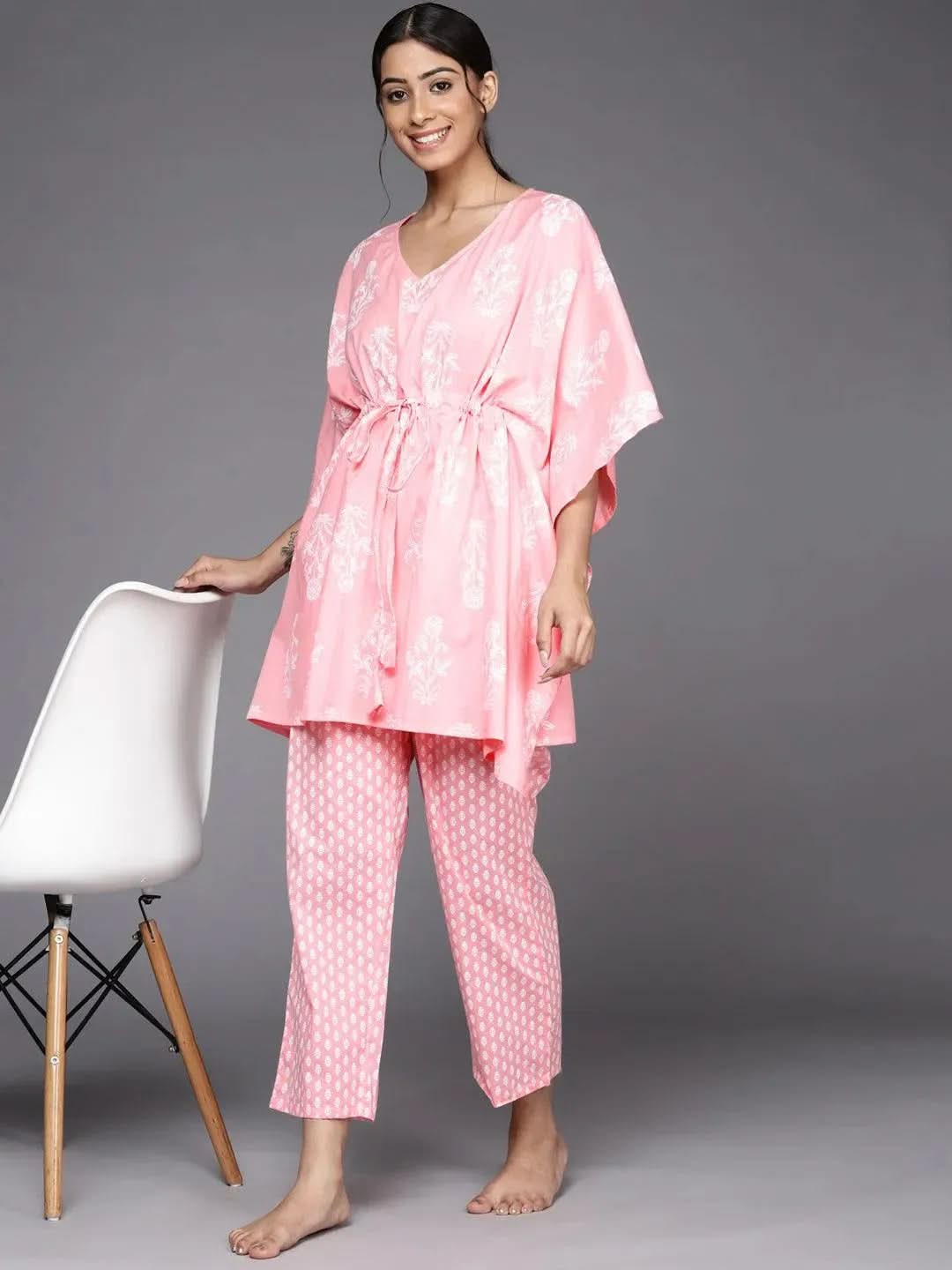 Pink Printed Cotton Night Suit - Libas