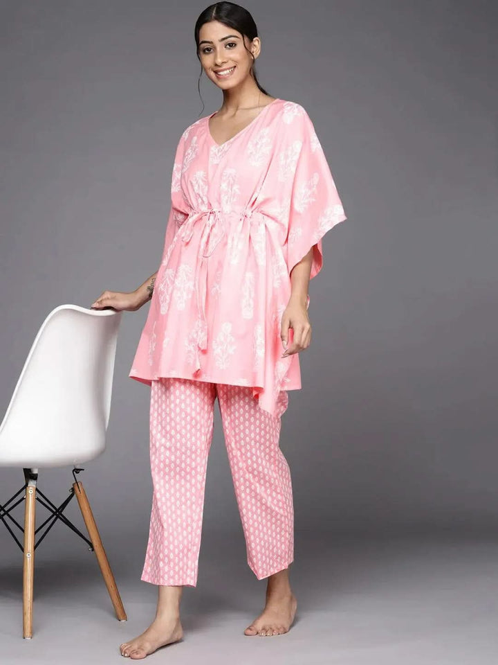 Pink Printed Cotton Night Suit - Libas