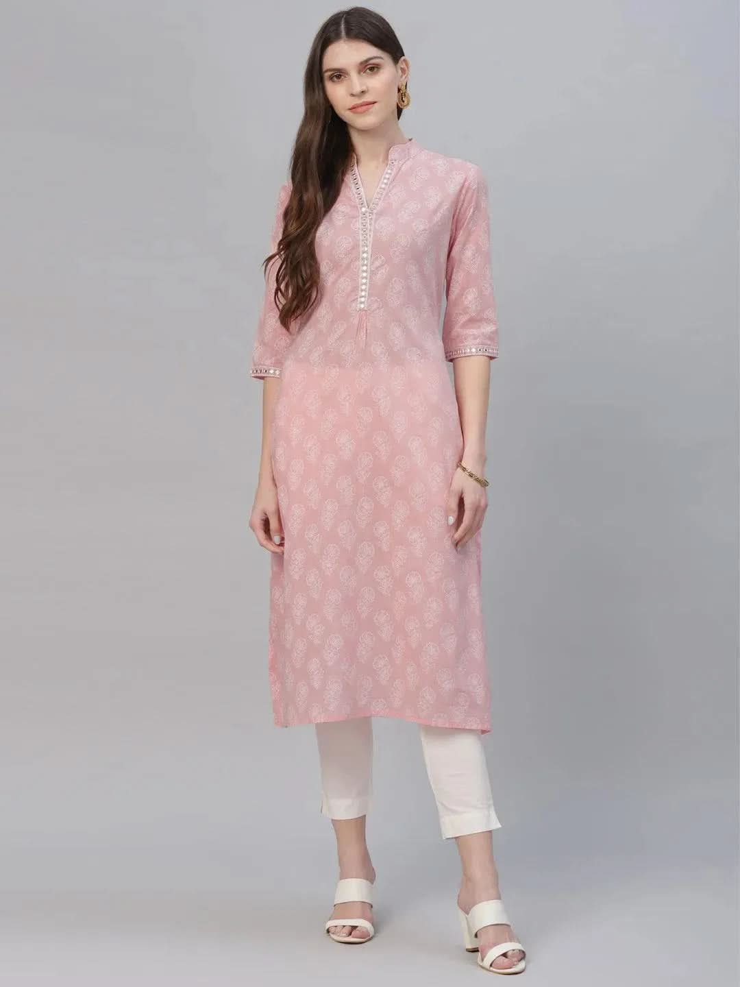 Pink Printed Cotton Kurta - Libas
