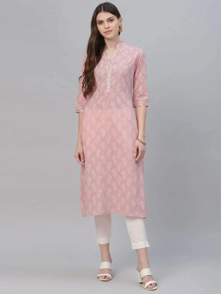 Pink Printed Cotton Kurta - Libas