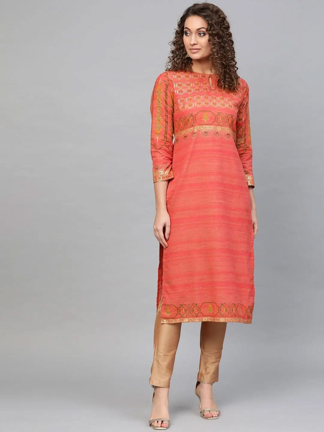 Pink Printed Cotton Kurta - Libas