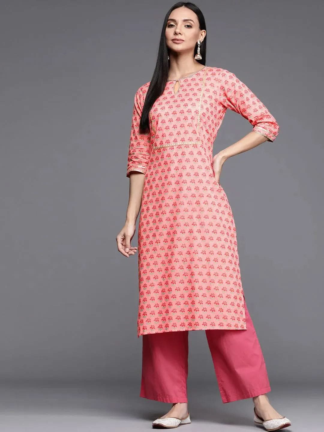 Pink Printed Cotton Kurta - Libas