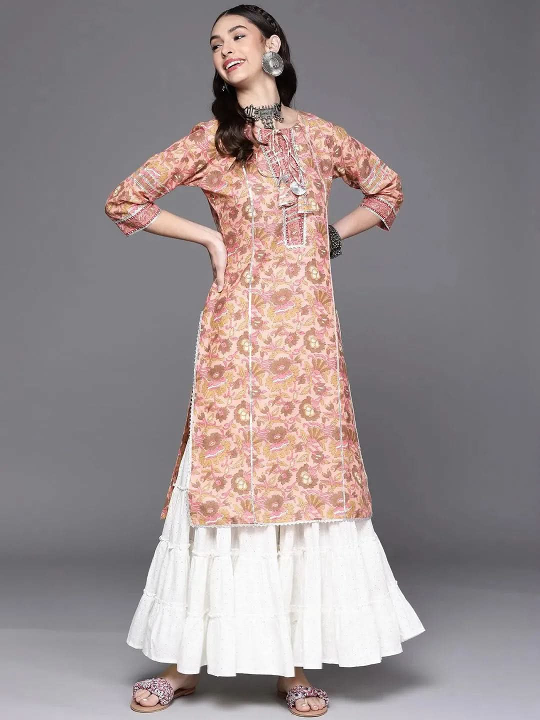Pink Printed Cotton Kurta - Libas