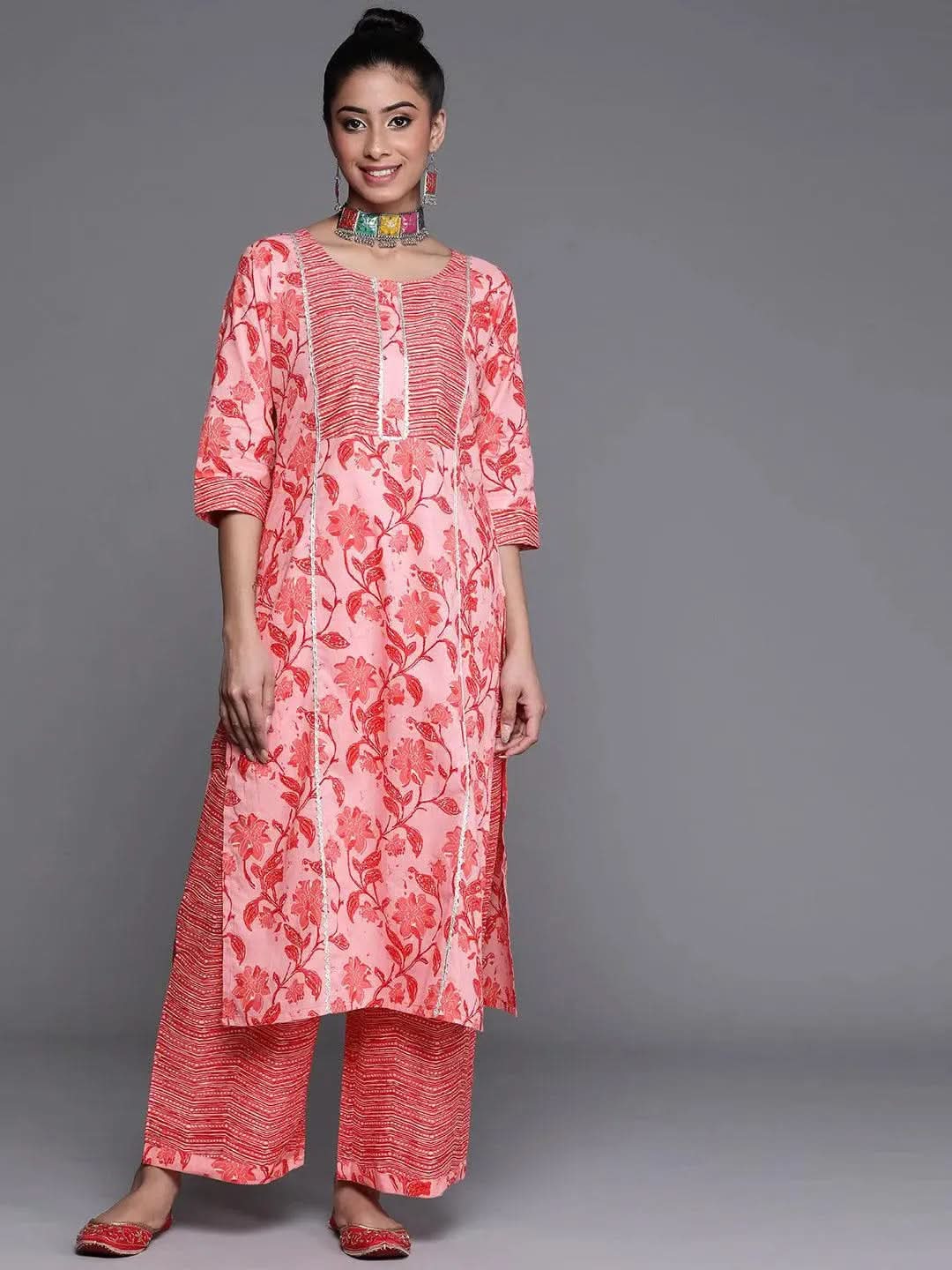Pink Printed Cotton Kurta - Libas