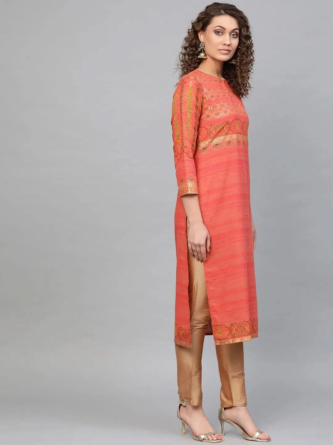 Pink Printed Cotton Kurta - Libas