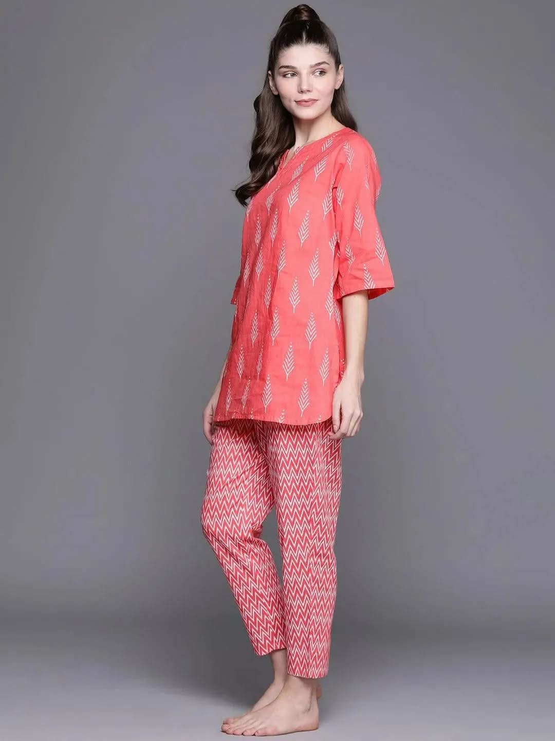Pink Printed Cotton Night Suit - Libas