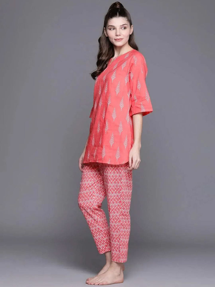 Pink Printed Cotton Night Suit - Libas