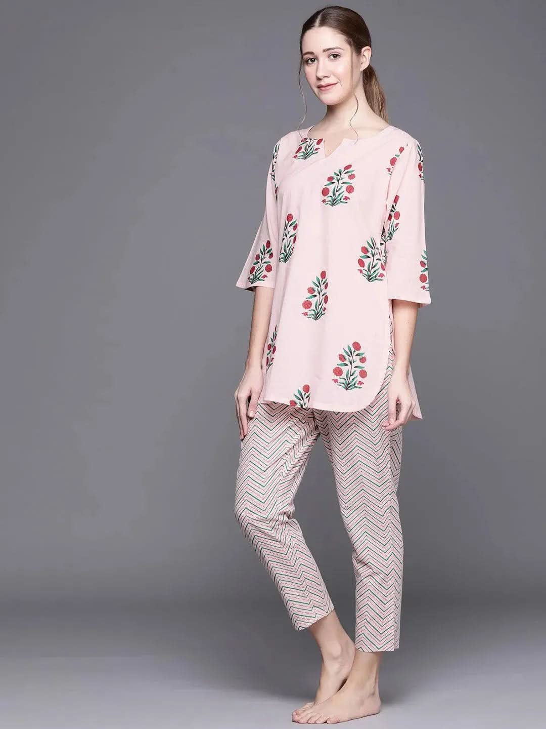 Pink Printed Cotton Night Suit - Libas