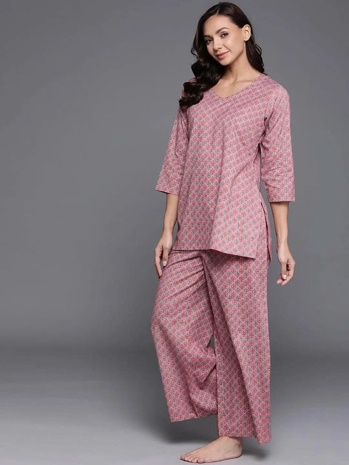 Pink Printed Cotton Night Suit - Libas