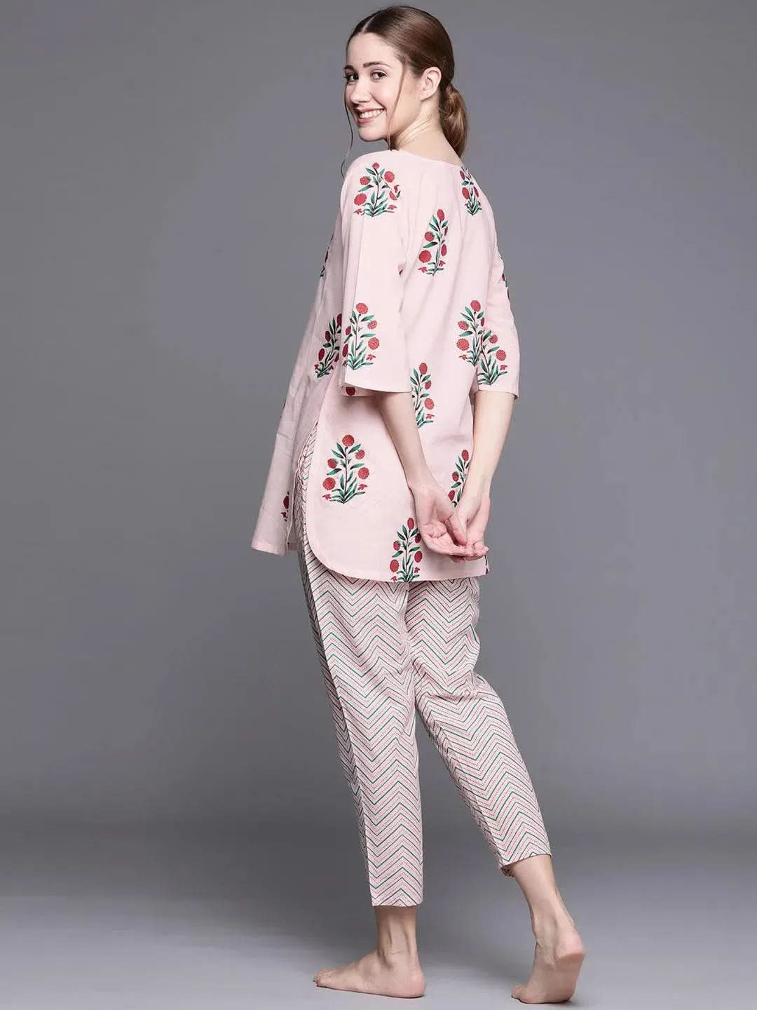 Pink Printed Cotton Night Suit - Libas