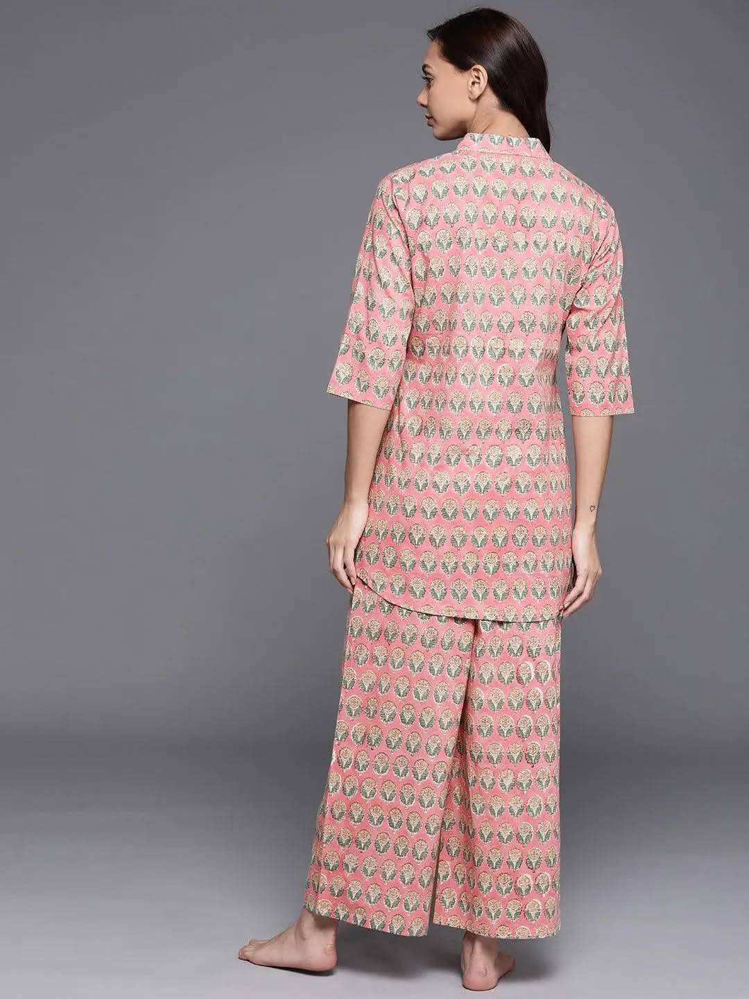 Pink Printed Cotton Night Suit - Libas