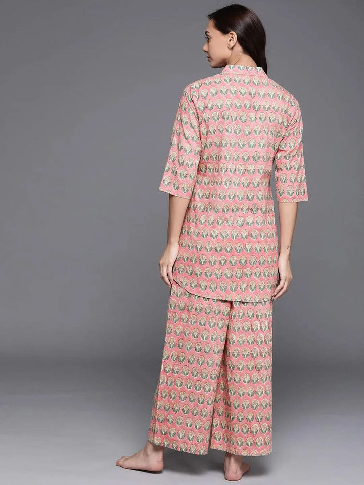 Pink Printed Cotton Night Suit - Libas