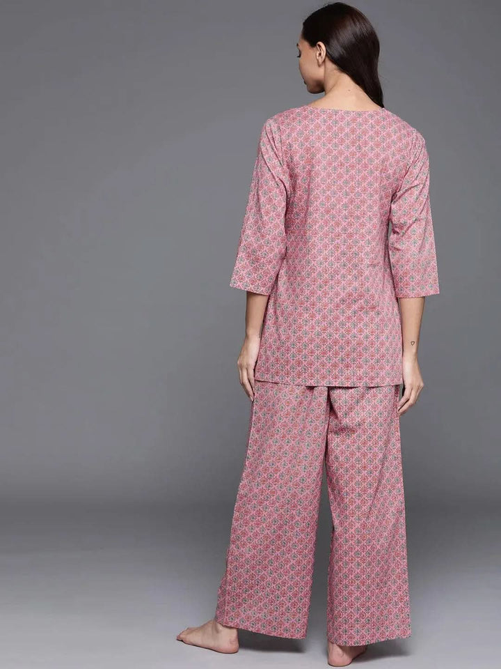 Pink Printed Cotton Night Suit - Libas