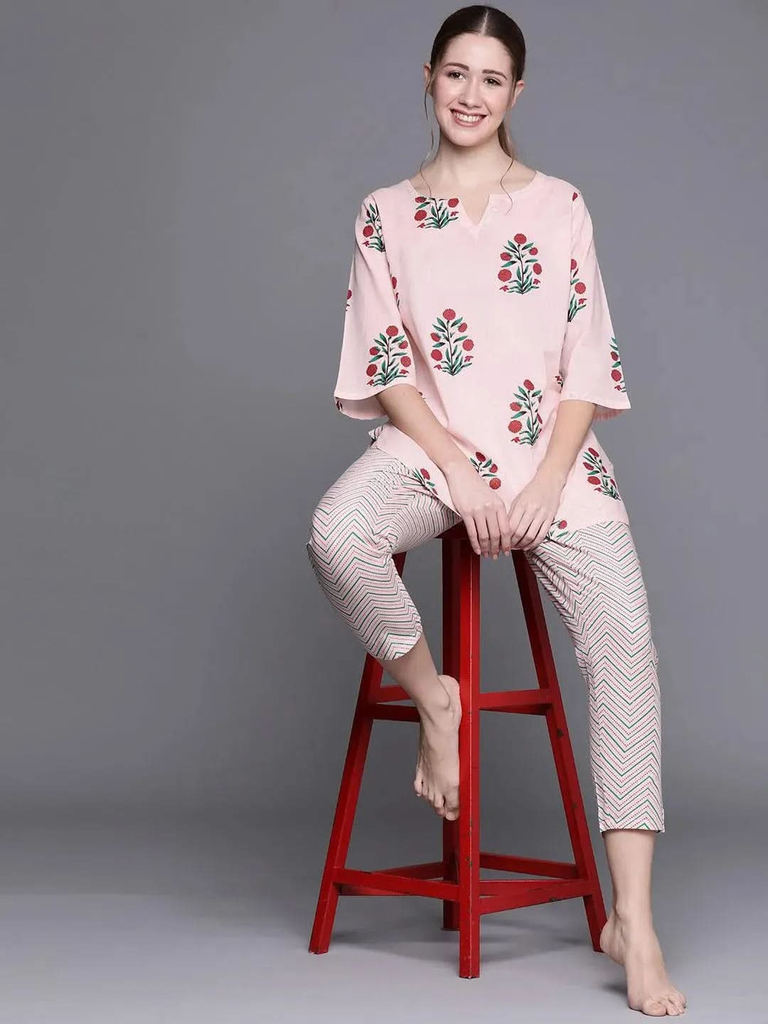 Pink Printed Cotton Night Suit - Libas