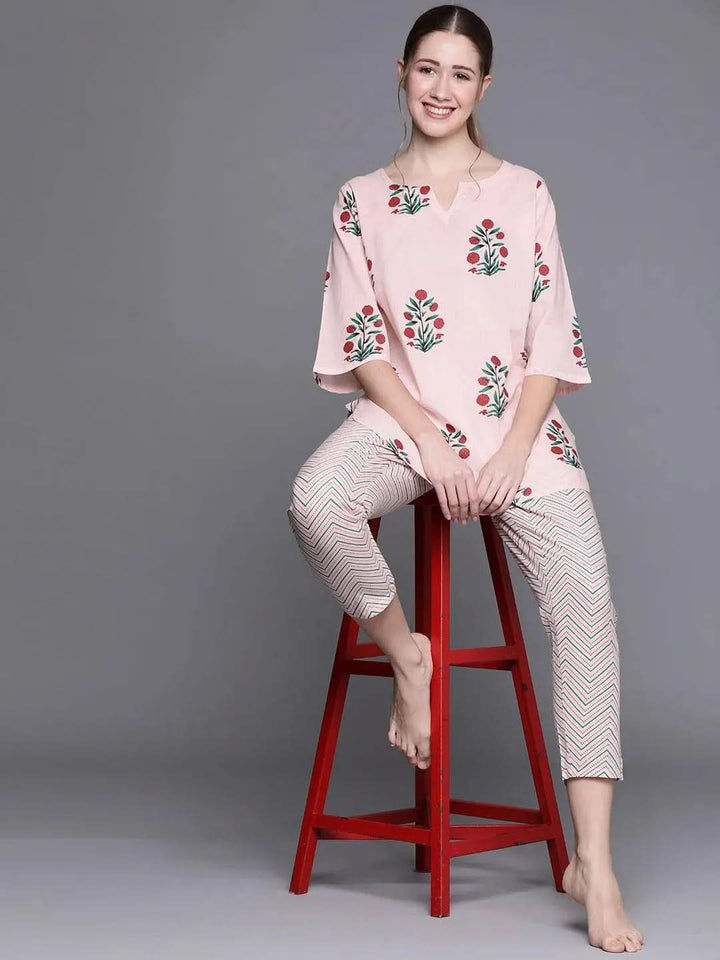 Pink Printed Cotton Night Suit - Libas
