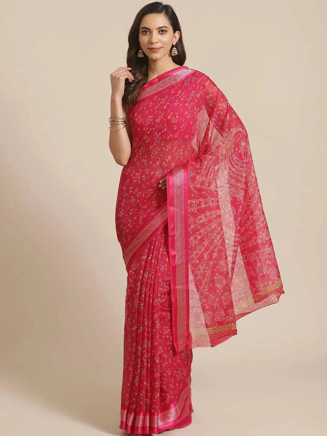 Pink Printed Cotton Saree - Libas