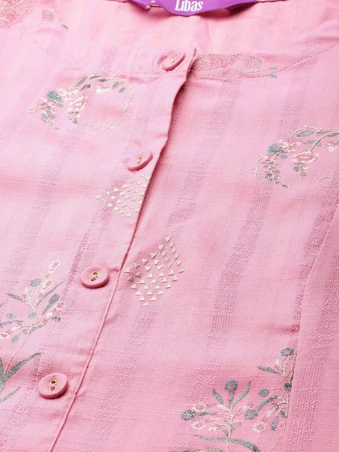 Pink Printed Cotton Silk Kurta - Libas