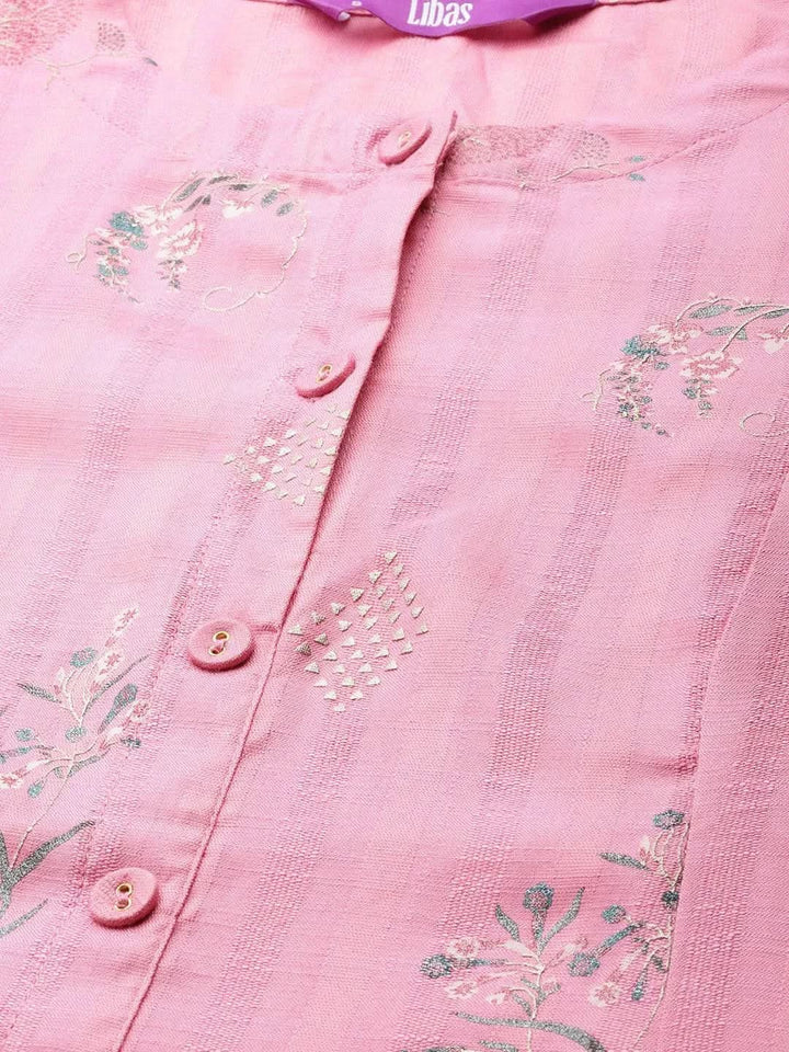 Pink Printed Cotton Silk Kurta - Libas