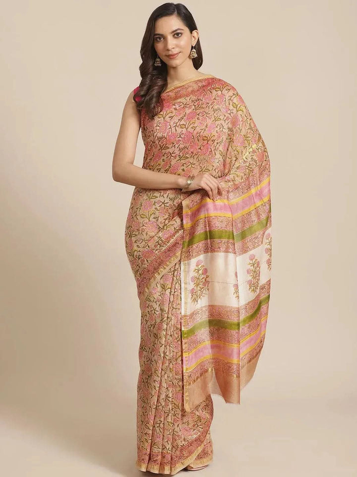 Pink Printed Cotton Silk Saree - Libas