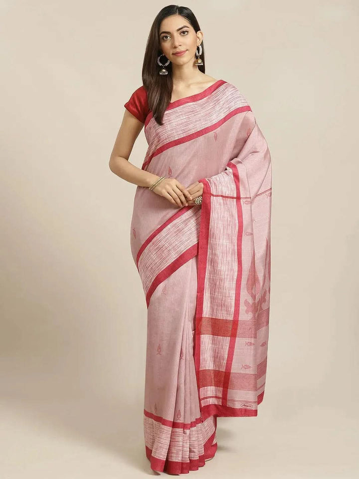 Pink Printed Cotton Silk Saree - Libas
