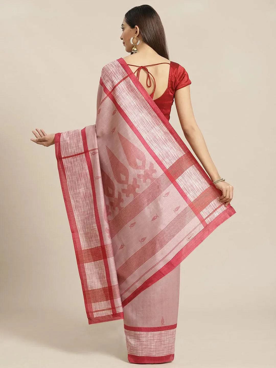 Pink Printed Cotton Silk Saree - Libas
