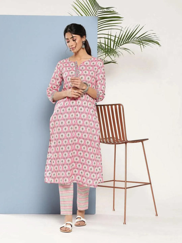 Pink Printed Cotton Straight Kurta - Libas