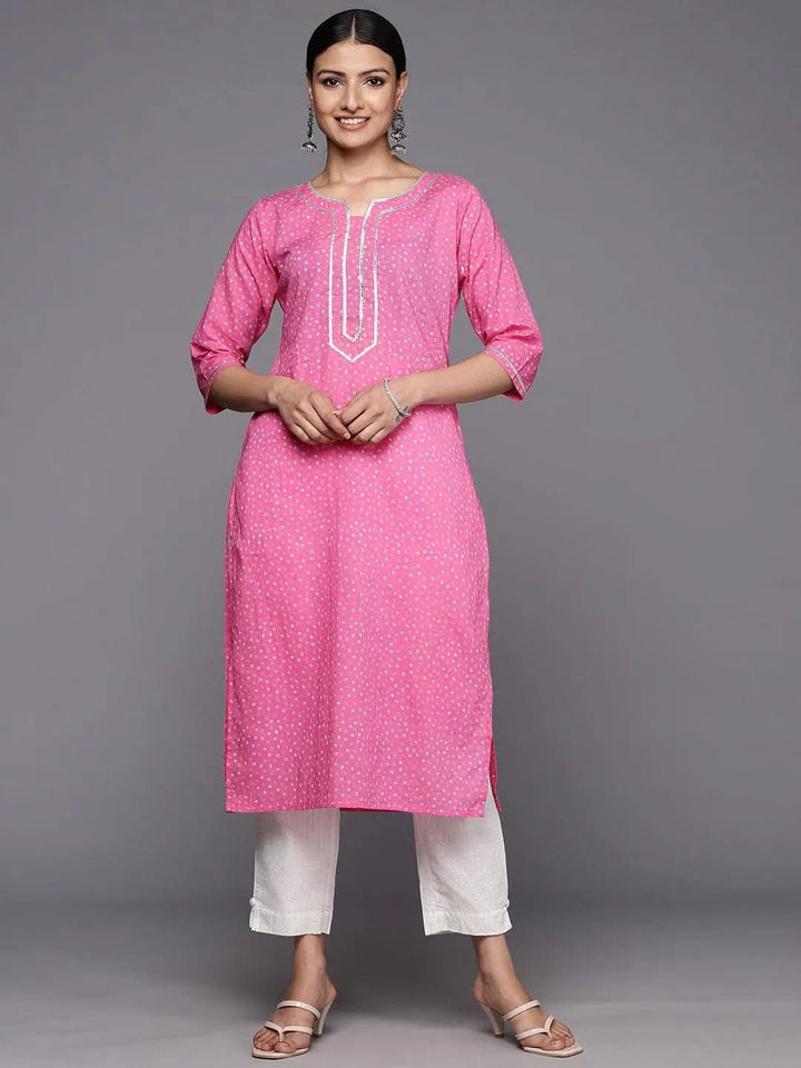 Pink Printed Cotton Straight Kurta - Libas