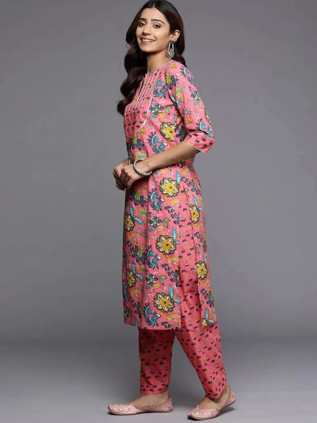 Pink Printed Cotton Straight Kurta - Libas
