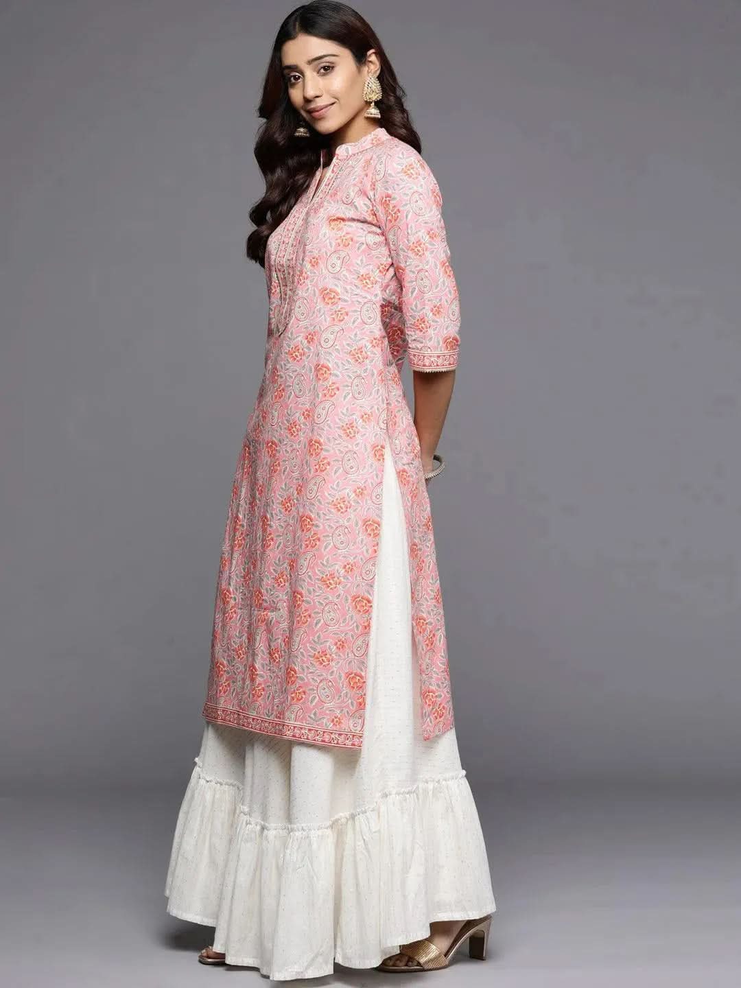 Pink Printed Cotton Straight Kurta - Libas