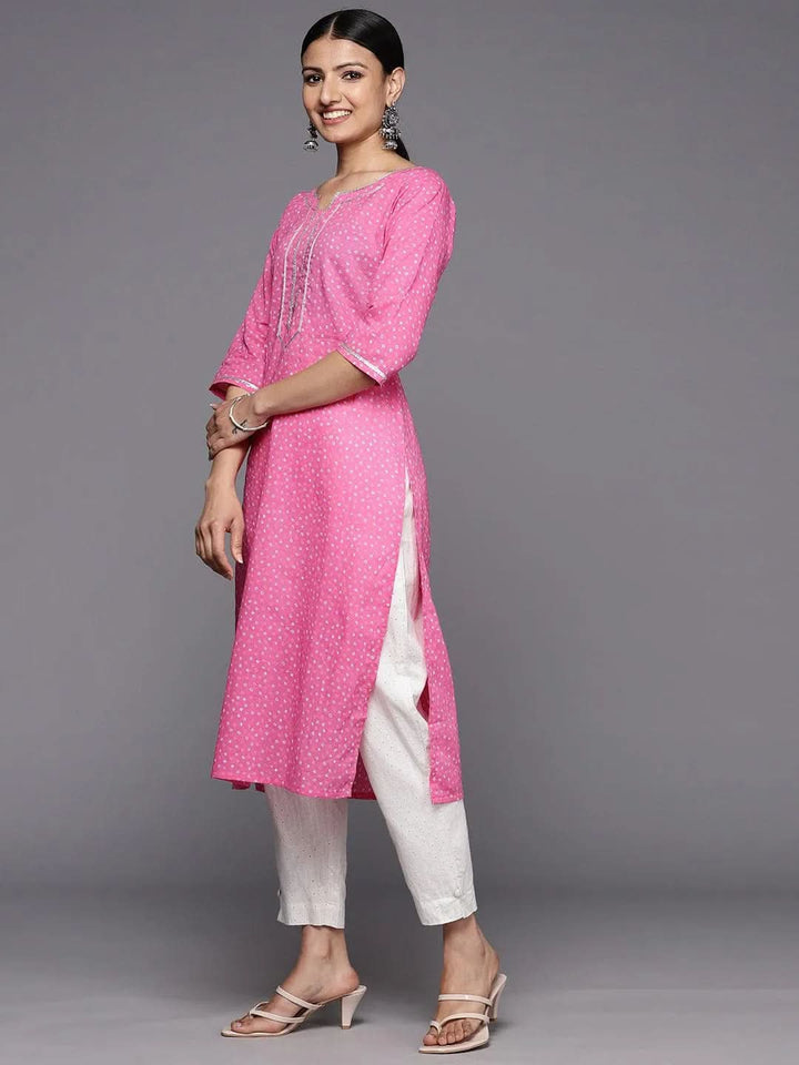 Pink Printed Cotton Straight Kurta - Libas
