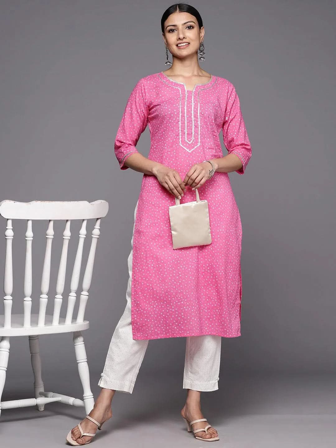 Pink Printed Cotton Straight Kurta - Libas