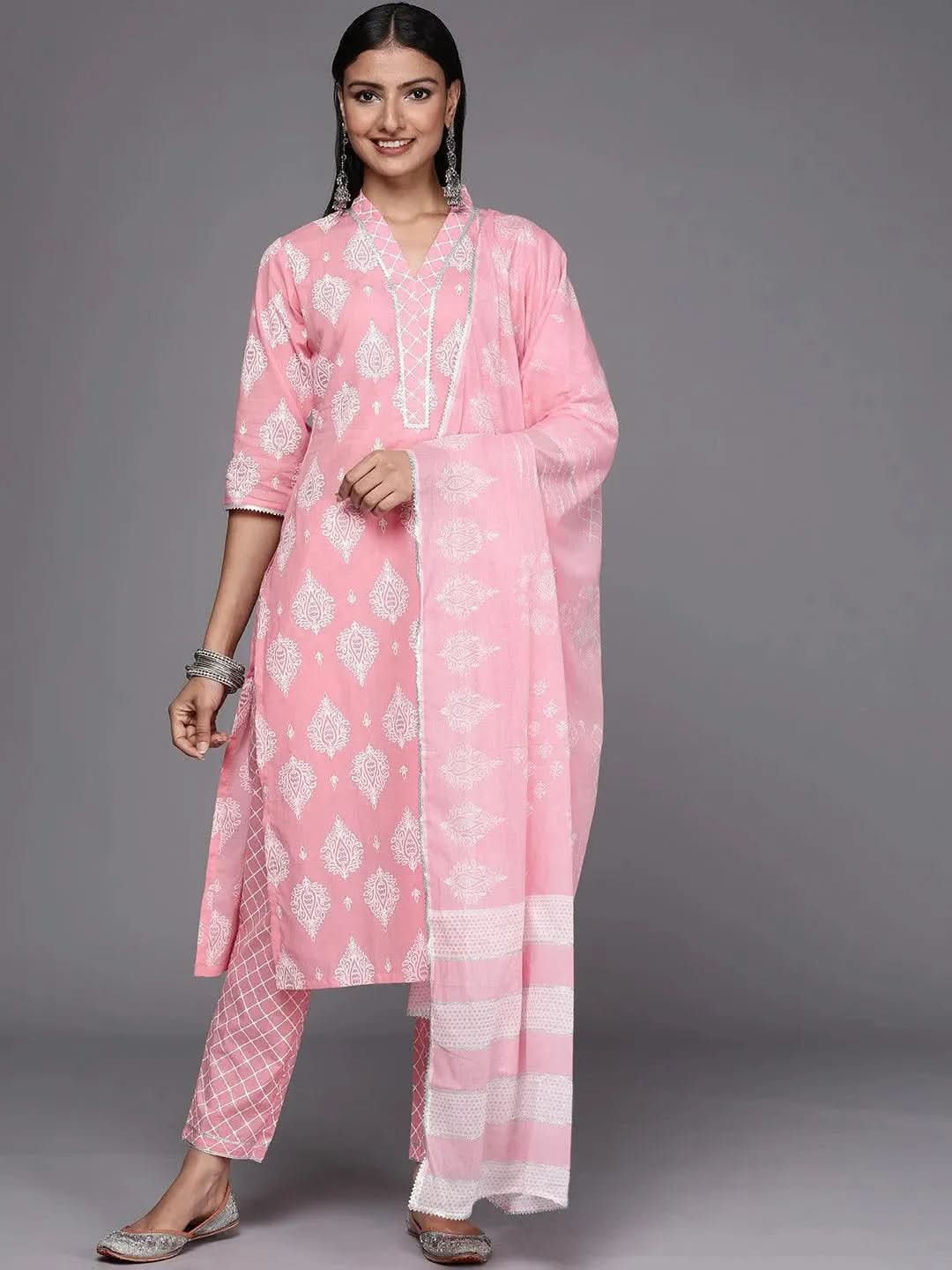 Pink Printed Cotton Straight Suit Set - Libas
