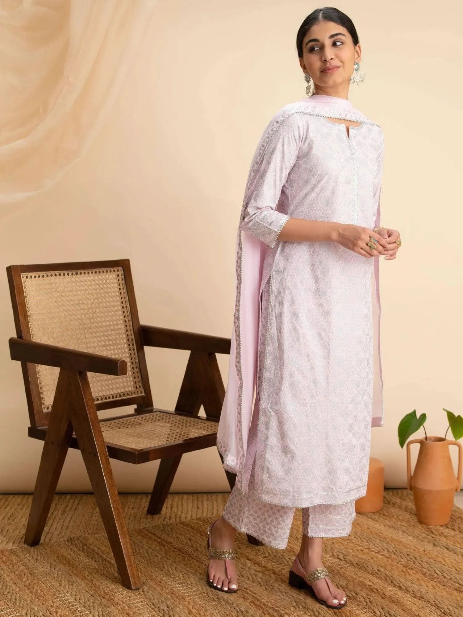 Women Pink Pure Cotton Solid Straight Kurta Palazzos With Dupatta Set