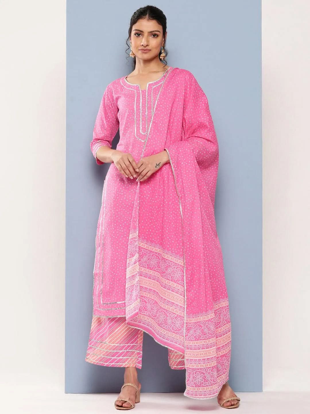 Pink Printed Cotton Straight Kurta With Palazzos & Dupatta 
Pink Printed Cotton Straight Kurta With Palazzos & Dupatta