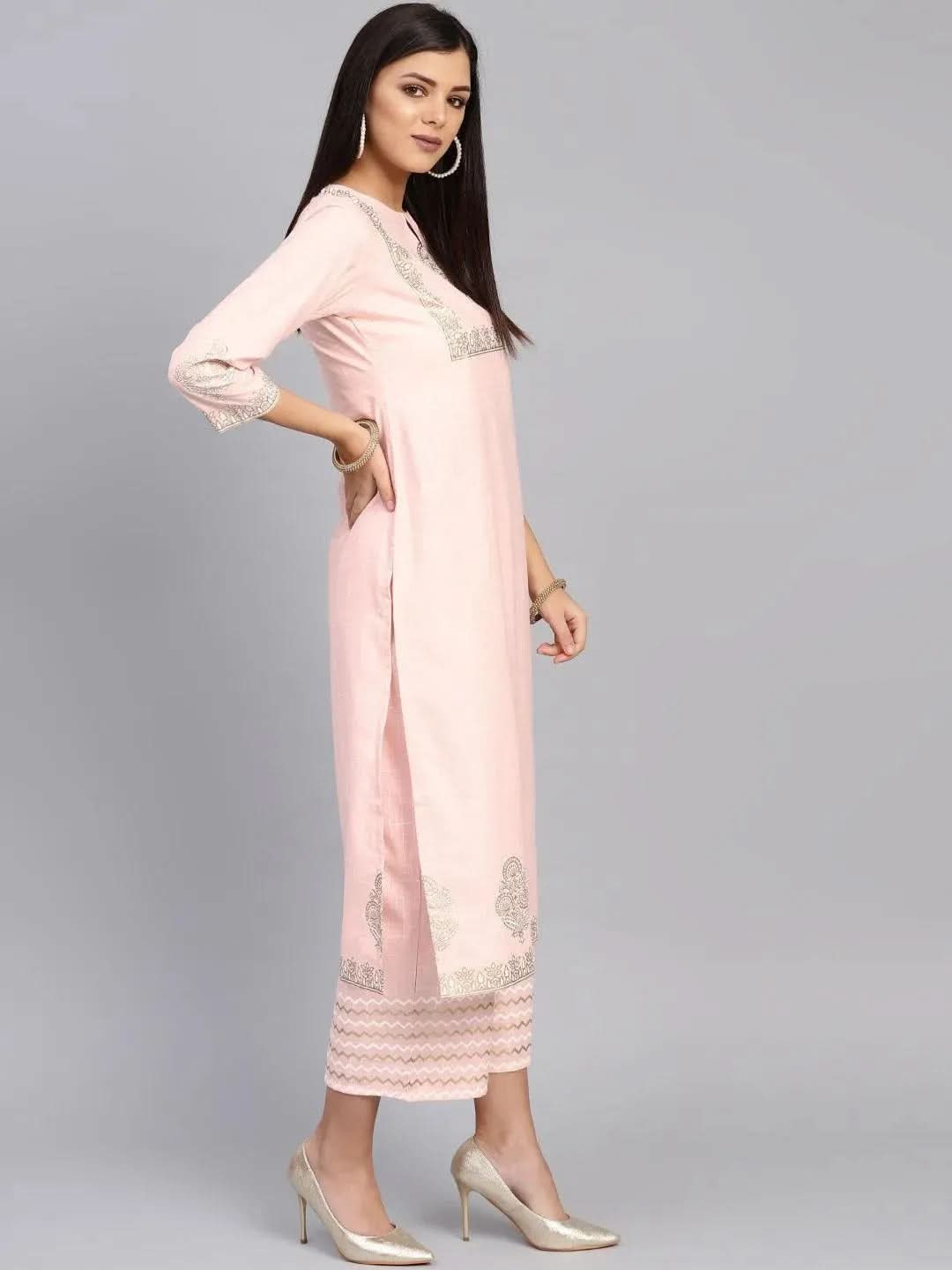 Pink Printed Cotton Straight Kurta With Palazzos
Pink Printed Cotton Straight Kurta With Palazzos