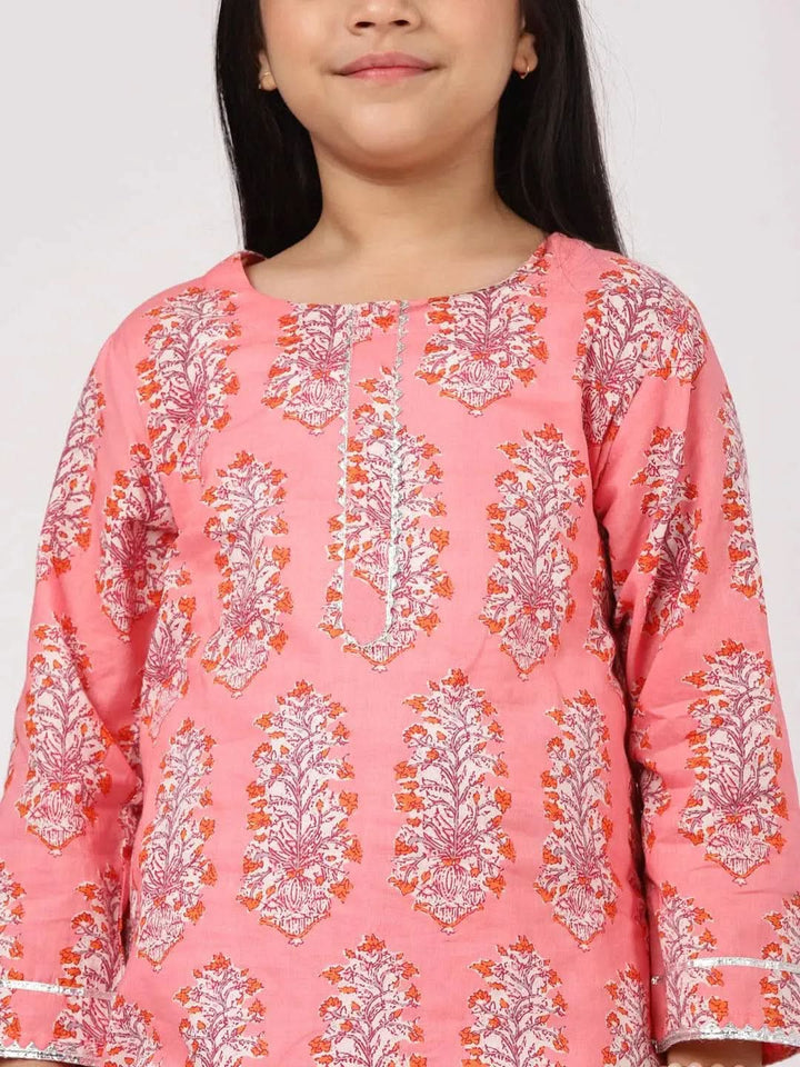 Pink Printed Cotton Kurta Set - Libas