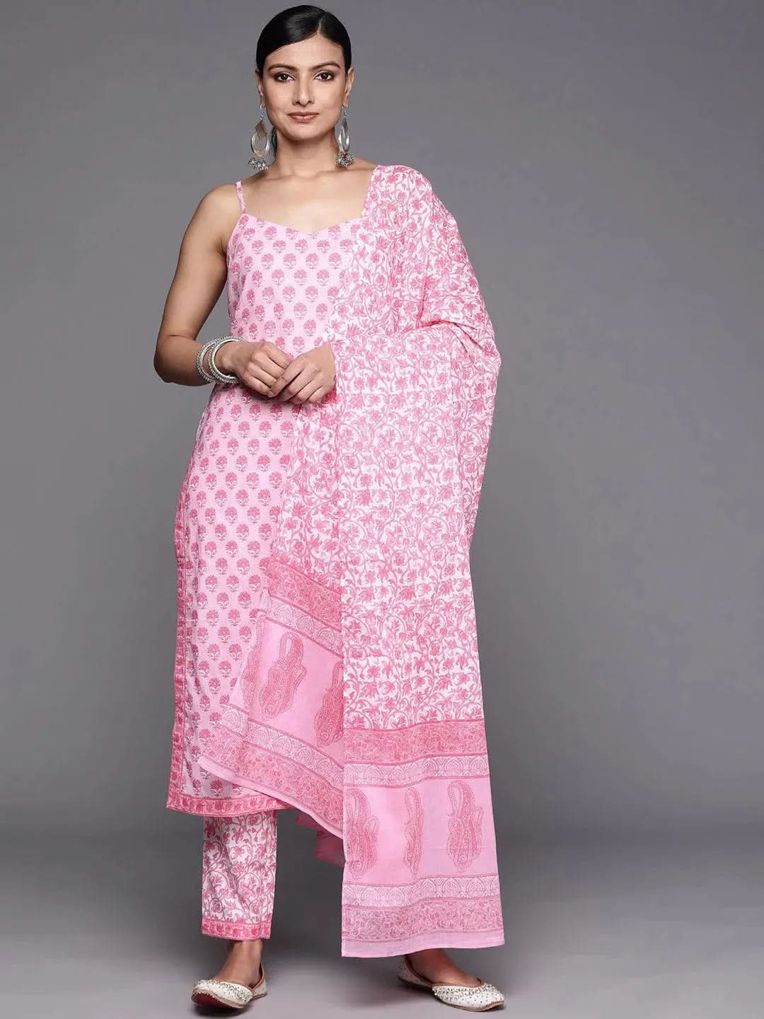 Pink Printed Cotton Straight Kurta With Trousers & Dupatta
Pink Printed Cotton Straight Kurta With Trousers & Dupatta