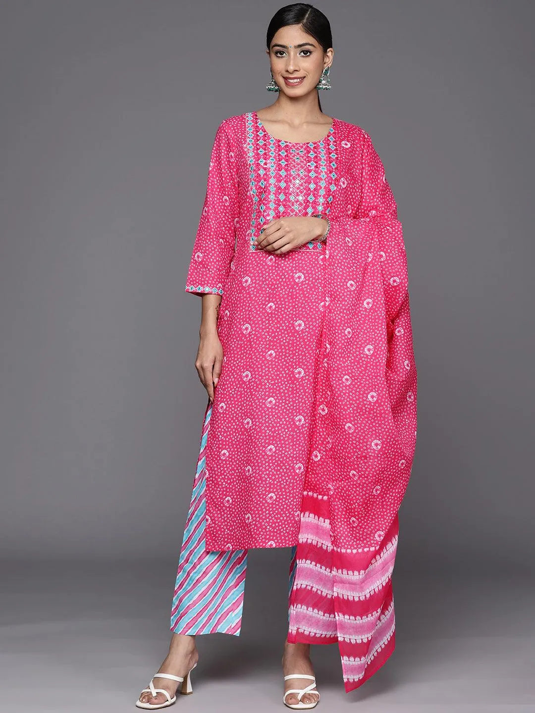 Pink Printed Cotton Straight Kurta With Trousers & Dupatta Online at Rs.1154 | Libas