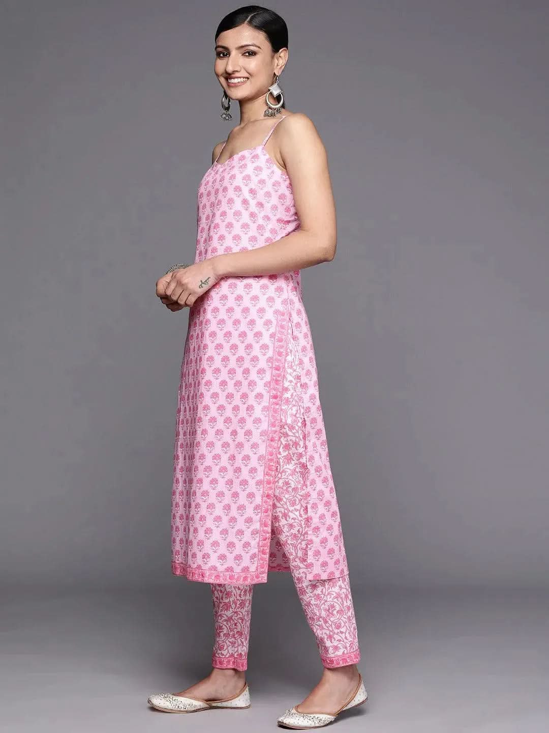 Pink Printed Cotton Straight Suit Set With Trousers - Libas