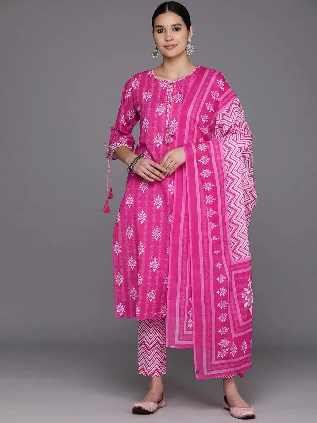 Pink Printed Cotton Straight Suit Set With Trousers - Libas