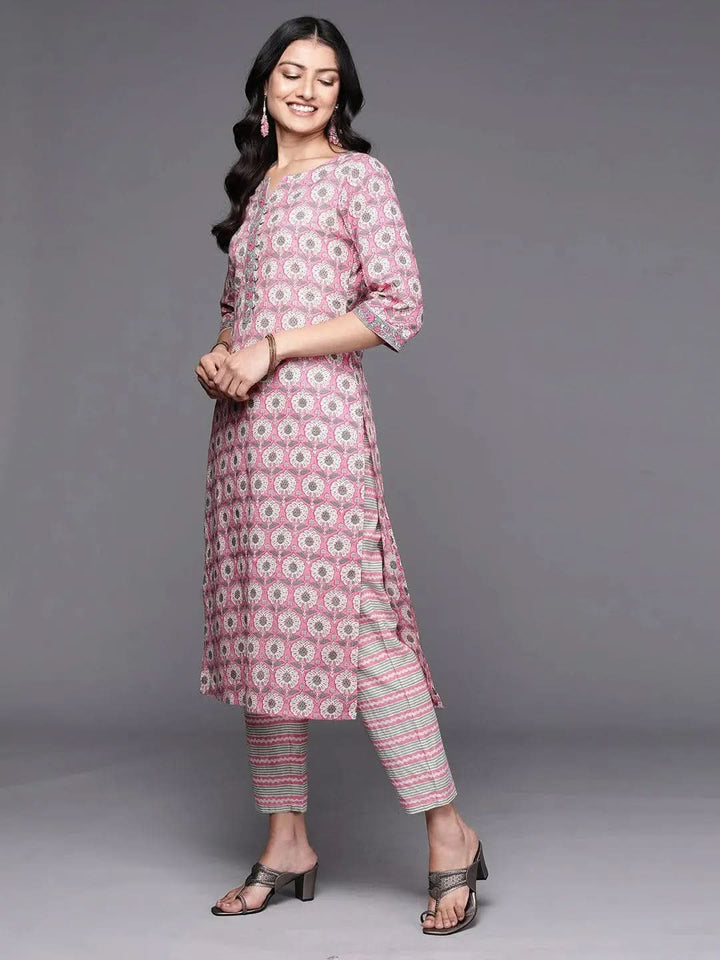 Pink Printed Cotton Straight Kurta Set With Trousers - Libas