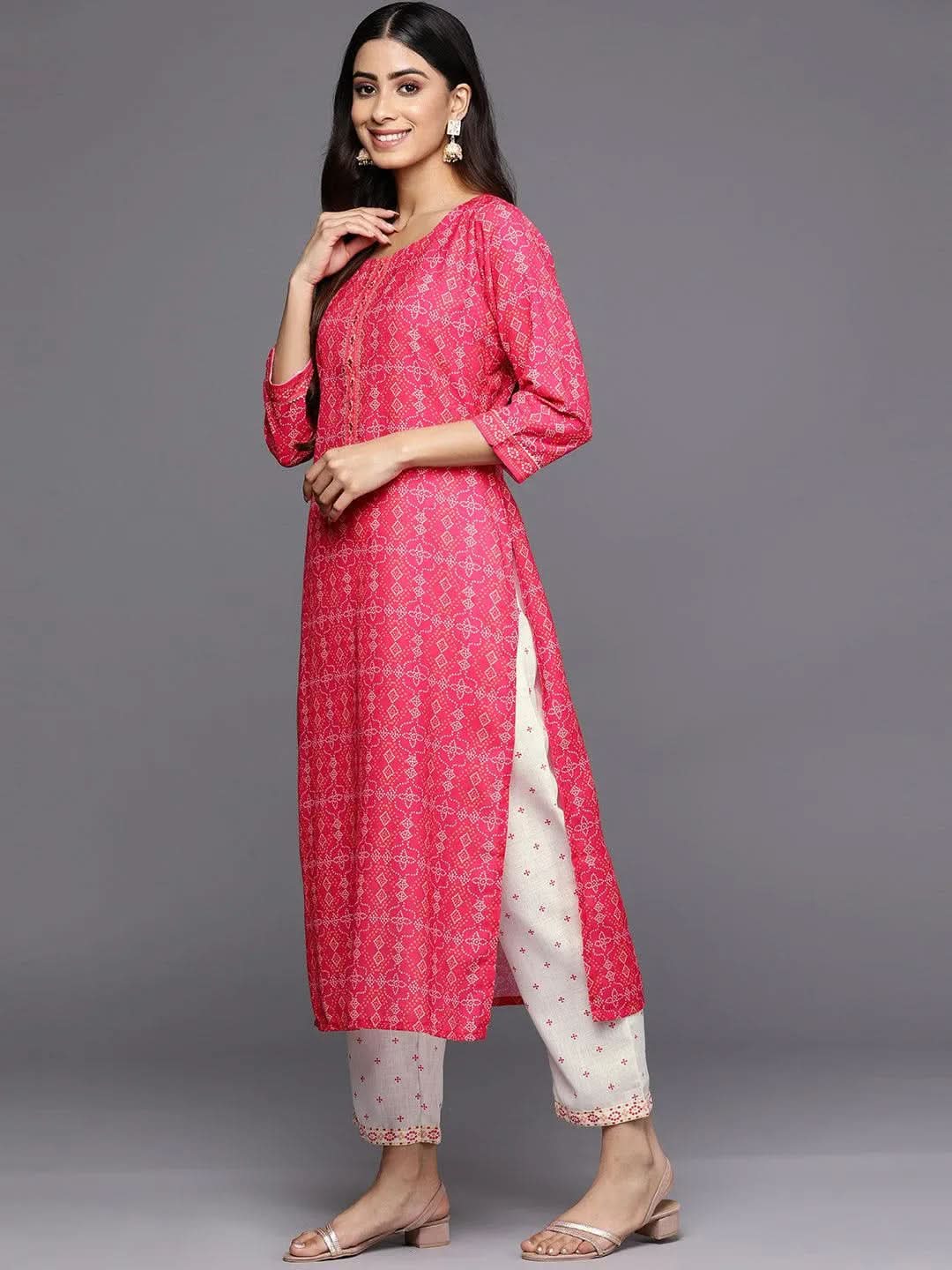 Pink Printed Cotton Straight Kurta Set With Trousers - Libas
