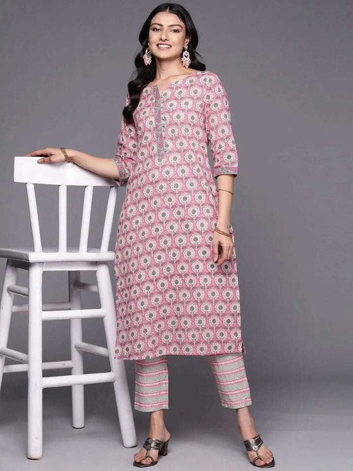Pink Printed Cotton Straight Kurta Set With Trousers - Libas
