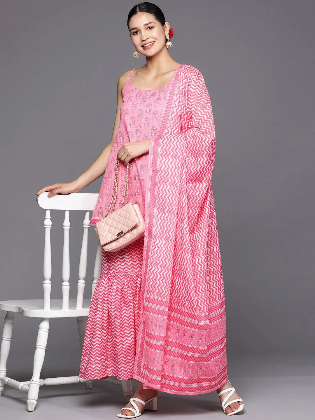 Pink Printed Cotton Straight Sharara Suit Set With Dupatta
Pink Printed Cotton Straight Sharara Suit Set With Dupatta
