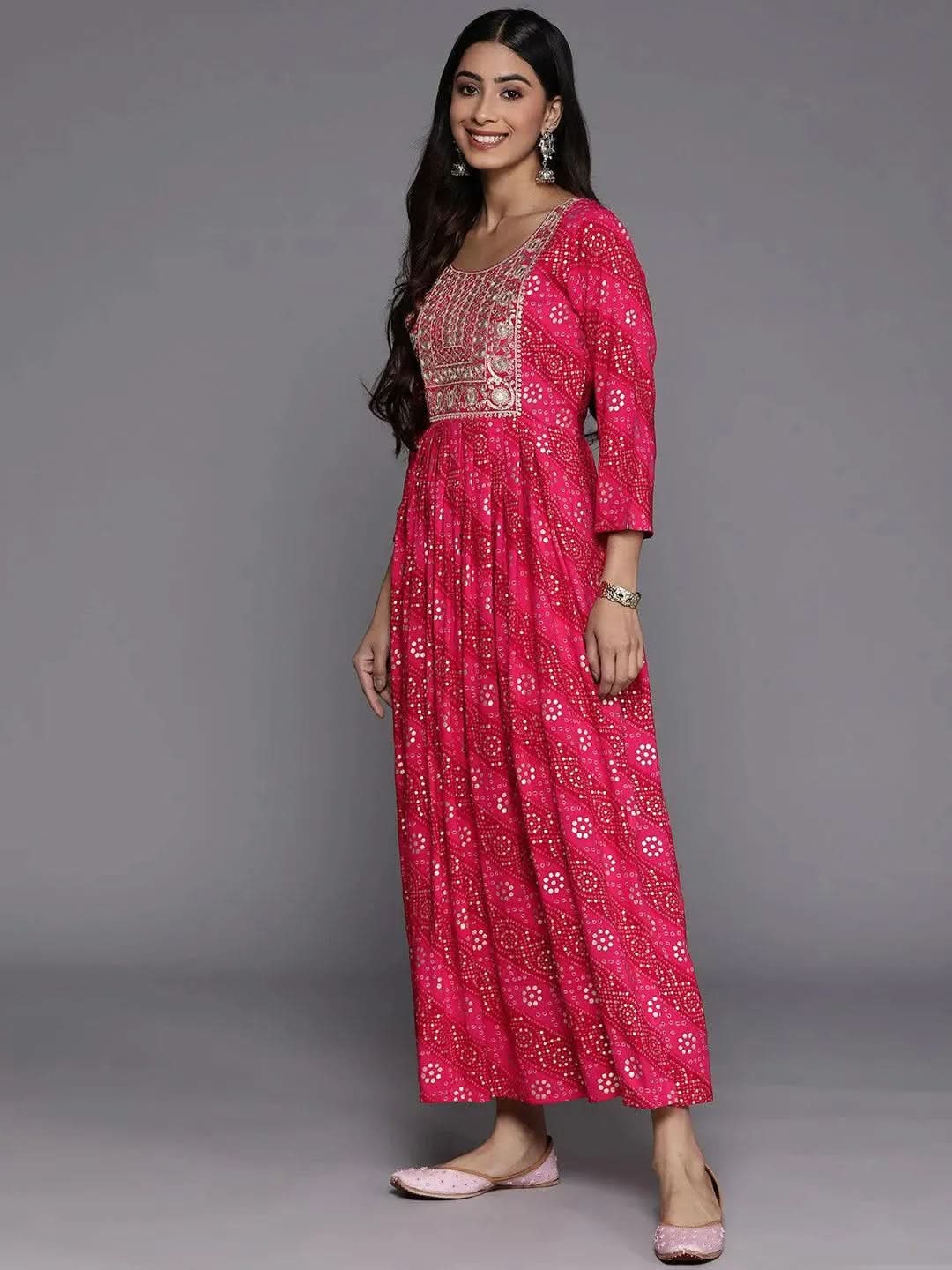 Pink Printed Fit and Flare Rayon Dress - Libas